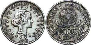 P4285 Brazil 1000 Reis 1913 Republic Silver -> Make offer