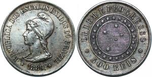 P4289 Brazil Brasilien 500 Reis 1889 Republic Silver AU -> Make offer