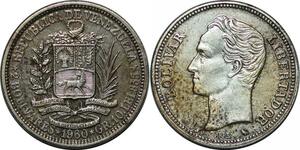 P4295 Venezuela 2 Bolivares Bolivar 1960 Silver AU -> Make offer