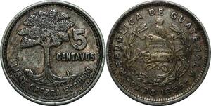 P4300 Guatemala 5 Centavos 1955 Kapok Tree Silver -> Make offer