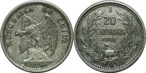 P4301 Chile 20 Centavos 1933 Eagle So Santiago Roty -> Make offer