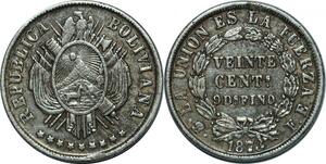 P4303 Bolivia 20 Centavos Union Fuerza1873 PTS FE Silver -> Make offer
