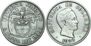 P4304 Colombia 50 Centavos 1922 Birmingham Silver -> Make offer