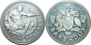 P4309 Barbados 10 Dollars 1974 Neptun Fisch Dreizack Silver Proof BE