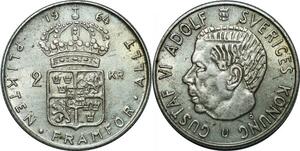 P4326 Sweden 2 Kronor Gustav VI 1964 U Silver AU -> Make offer
