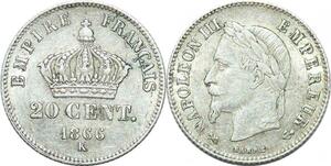 P4344 France 20 Centimes Napoléon III 1866 K Bordeaux Argent SUP -> Faire offre