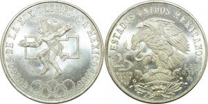 P4351 Mexico 25 Pesos 1968 JO Olympic Games Silver UNC