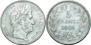 P4426 Rare France 5 Francs Louis Philippe 1841 BB Strasbourg Argent Silver Quasi SUP