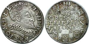 P4532 Rare Poland 3 Grosze Sigismund III 1596 Bydgoszcz Vasa Trojak PCGS AU55