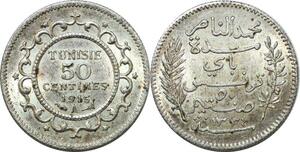 P4599 Tunisia 50 centimes Mohamed En-Naceur AH 1334 1915 A Paris Silver UNC