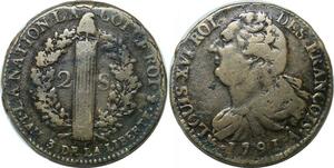 P4622 Rare France 2 Sols faisceau Louis XVI Francois 1791 A Couvent barnabites an 3