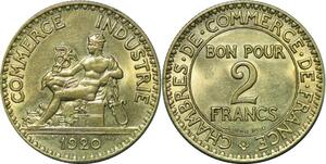 P4680 Rare France 2 Francs Chambre de Commerce 1920 SPL