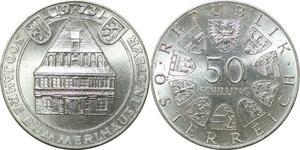 P4699 Austria 50 Schilling 500 Years Bummerlhaus Steyr 1973 Silver UNC