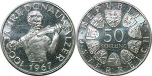 P4701 Austria 50 Schilling 100 Jahre Donauwalzer Blue Danube 1963 Silver Proof