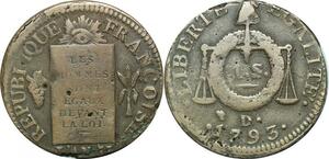 P4869 Rare France Sol à la balance Louis XVI Francoise An II 1793 D. Dijon
