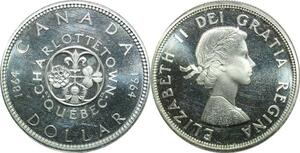 P5042 Canada One Dollar Elizabeth II Charlottetown 1864 1964 Quebec Silver UNC