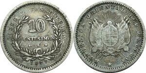 P5106 Uruguay 10 Centesimos Flagged Arms 1877 A Paris Silver -> Make offer