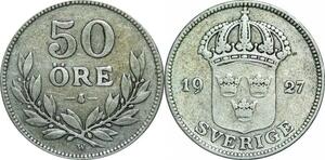 P5117 Sweden 50 Ore Gustaf V 1927 W Silver -> Make offer