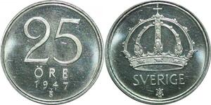 P5120 Sweden 25 Ore Gustaf V 1947 TS Silver UNC -> Make offer