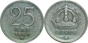 P5123 Sweden 25 Ore Gustaf V 1948 TS Silver XF -> Make offer