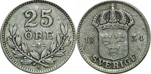 P5124 Sweden 25 Ore Gustaf V 1934 G Silver -> Make offer