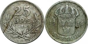 P5125 Sweden 25 Ore Gustaf V 1914 W Silver -> Make offer