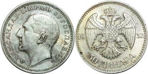 P5136 Yugoslavia 50 Dinara Alexander I 1932 Kovnica Silver AU ++ -> Make offer