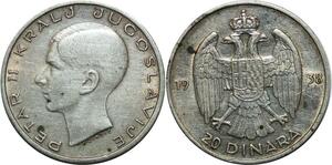 P5151 Yugoslavia 20 Dinara Petar II 1938 Silver -> Make offer