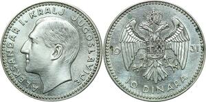 P5160 Yugoslawien 10 Dinara Alexander I 1931 Silver AU -> Make offer