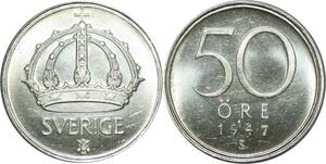P5164 Sweden 50 Öre Gustav V 1947 TS Silver BU UNC -> Make offer