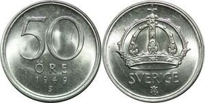 P5168 Sweden 50 Öre Gustav V 1949 TS Silver BU UNC -> Make offer