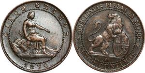 P5179 Rare Spain 5 Centimos Provisional Government 1870 OM AU UNC -> Make offer