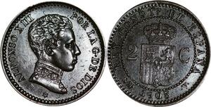 P5207 Spain 2 Centimos Alphonso XIII 1905 05 Sm v AU !! -> Make offer