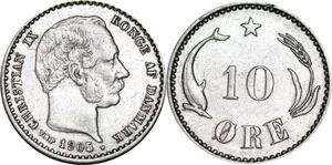 P5279 Denmark 10 Ore Christian IX 1905 VBP Silver -> M Offer