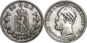 P5289 Rare Denmark 50 Ore Oscar II 1877 Silver -> M Offer