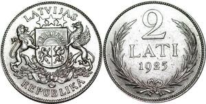 P5292 Latvia 2 Lati Coat of Arms 1925 Silver AU UNC -> M Offer