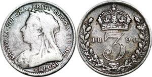 P5334 UK 3 Pence Queen Victoria 1894 Silver -> M Offer