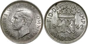 P5353 UK 6 Pence Georges VI 1942 Silver AU -> M Offer