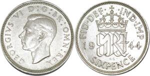 P5354 UK 6 Pence George VI 1944 Silver AU -> M Offer