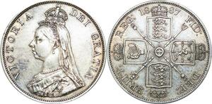 P5411 Rare Great Britain Double Florin Victoria 1887 Silver AU+++