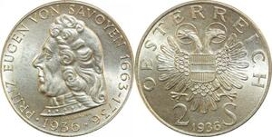 P5457 Austria 2 Schilling Prinz Eugen Von Savoyen 1936 Silver UNC -> M Offer