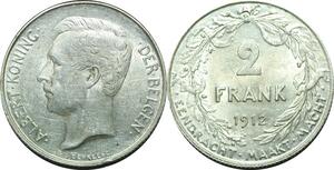 P5506 Belgium 2 Frank Albert I 1912 Devreese Silver AU -> Make offer