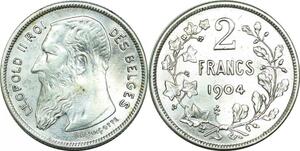 P5509 Rare Belgique 2 Francs Léopold II 1904 FR Th. Vincotte avec point AU