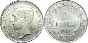 P5510 Belgium 2 Frank Albert I 1911 Devreese Silver AU -> Make offer