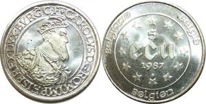 P5516 Belgium 5 Ecu Baudouin I Charles V 1987 Silver BU -> Make offer