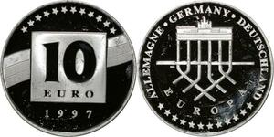 P5550 Germany 10 Euros Brandenburger Porte 1997 Silver Proof-> M Offer