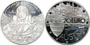 P5553 Austria 20 Euros 1000 Jahre Ostarrich 1996 Silver Proof-> M Offer