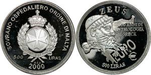 P5567 Malta 500 Liras Zeus Mythologia Euros 2000 Silver Proof -> M Offer
