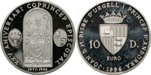 P5571 Andorra 10 Diners Euro Aniversary Coprincep Episcopal 1996 Silver Proof