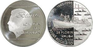 P5582 Netherlands 25 Florin WWII Beatrix 1945 1995 Silver Proof -> M Offer